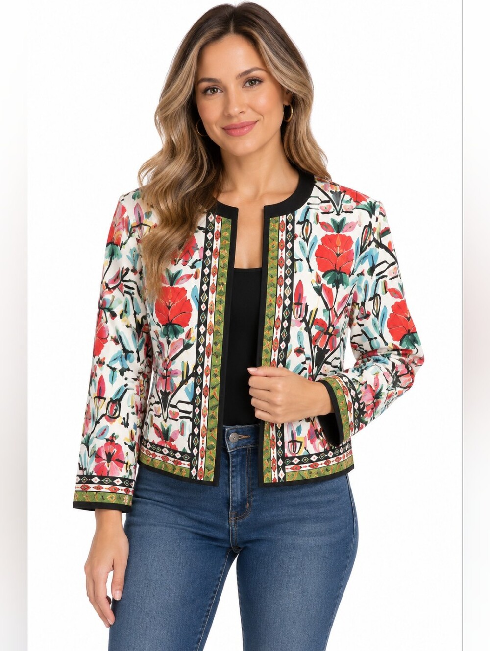 Shein Women's Short  Blazer Jacket Loud Multicolor Flower Print Size L Fairy